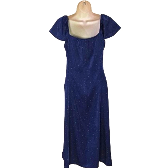 Lark + Grey Navy Blue/Brown Star Print Flutter Sleeve Midi Dress,Large - Picture 14 of 16